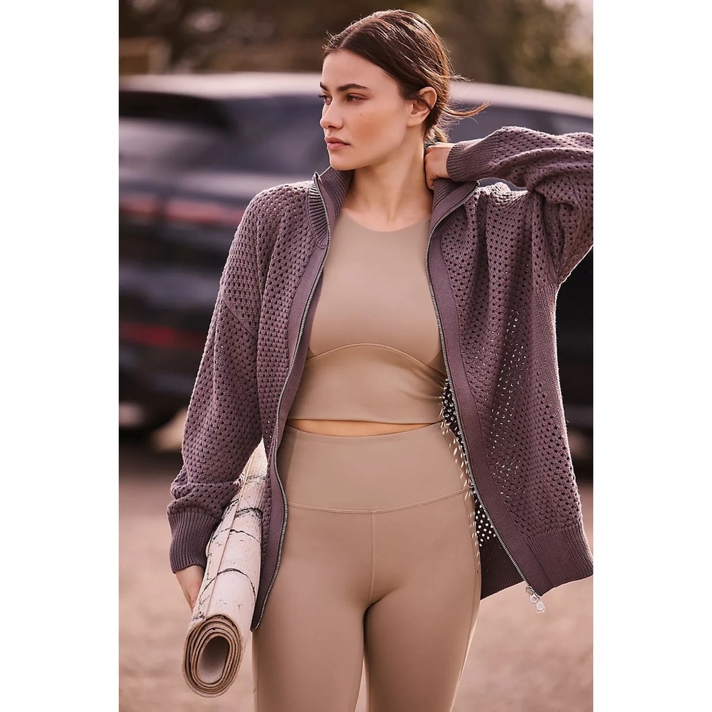 Varley mauve knit zip-front sweater